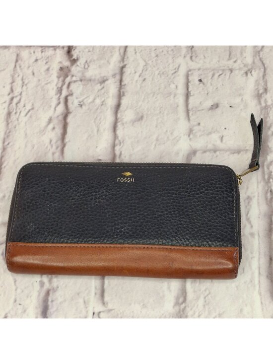 Fossil Handbags - Fossil Womens Wallet W/ Card Slots & Coin Pocket Black & Brown Leather Zip-Aroun